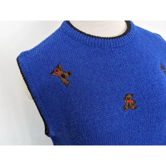 Vintage 80s Sweater Vest Blue Wool Teddy Bears Sleeveless Misses Size M - Picture 3 of 9